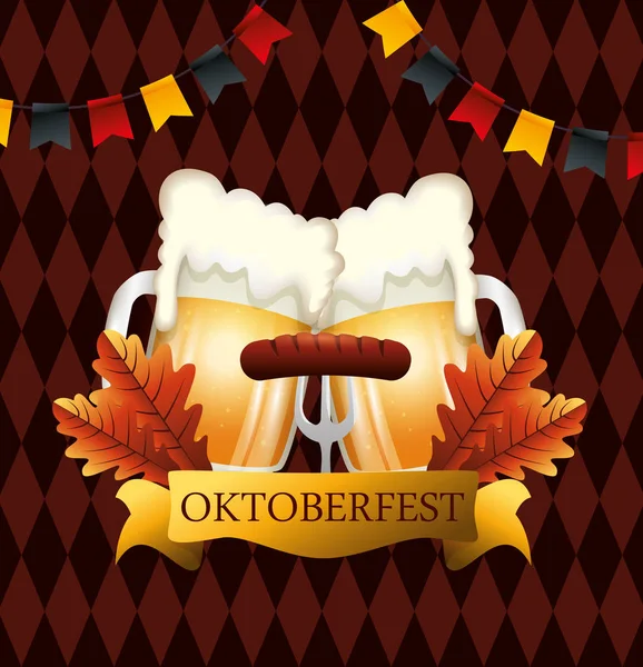 Affiche oktoberfest avec des bières et des saucisses — Image vectorielle