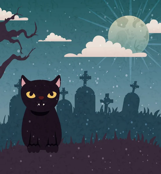 Design de Halloween com gato preto e lua —  Vetores de Stock