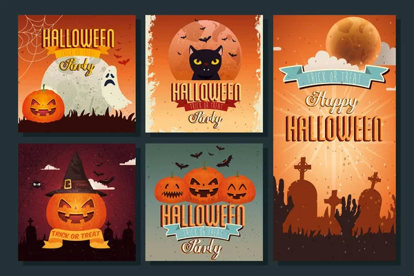 Halloween juego de tarjetas de fiesta diseño — Archivo Imágenes Vectoriales