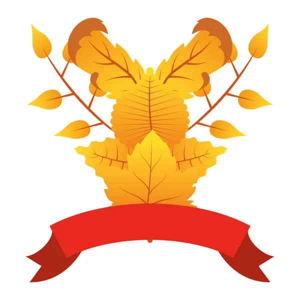 Kırmızı kurdele mevsimlik dekorasyon ile sonbahar yaprakyapraklar yeşillik — Stok Vektör