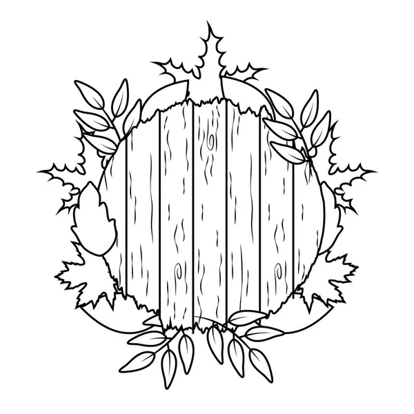 Marco de madera circular de otoño con decoración de hojas — Vector de stock