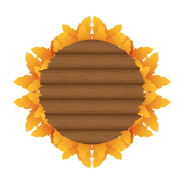 Marco de madera circular de otoño con decoración de hojas — Vector de stock