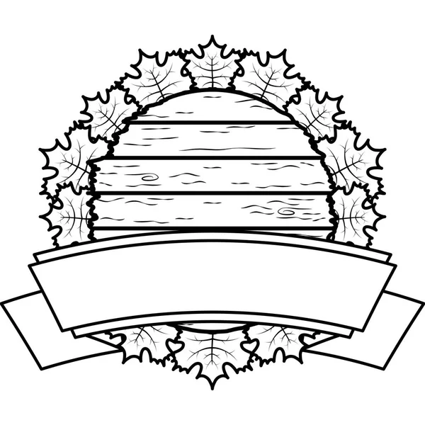 Осінній круглий дерев'яний каркас з листям і стрічкою — стоковий вектор