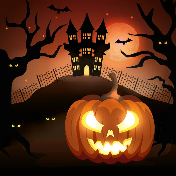 Halloween tök kísértetjárta vár a sötét éjszakában — Stock Vector