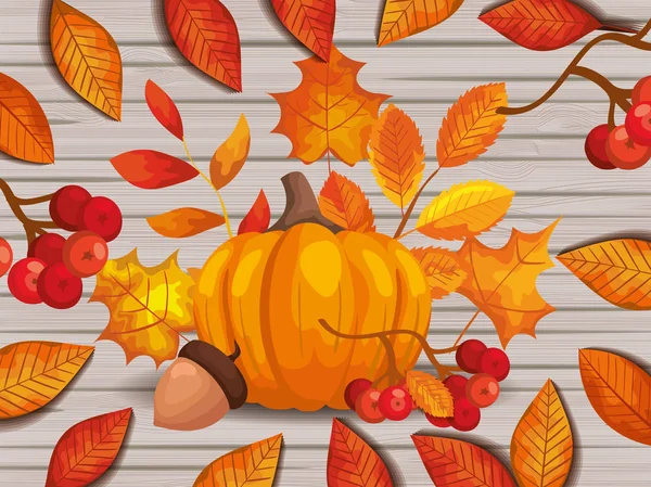 Leafs autumn with pumpkin and nut in background wooden — Stock Vector