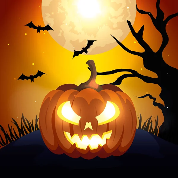 Pumpkin with bats flying in scene halloween — Stock Vector