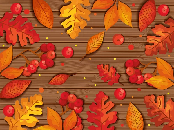 Φύλλα φθινόπωρο στο φόντο ξύλινο — Διανυσματικό Αρχείο
