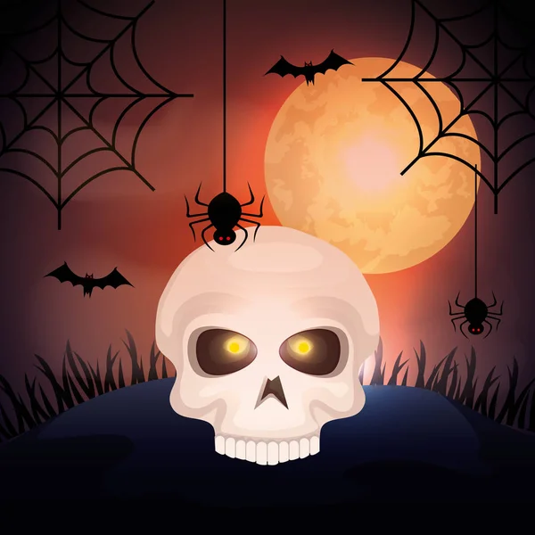 Halloween koponya a Hold és a denevérek repül — Stock Vector