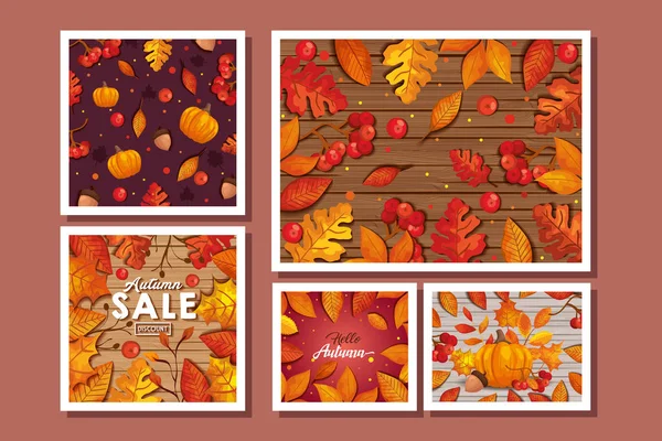 Fondos establecidos de otoño con decoración de hojas — Vector de stock