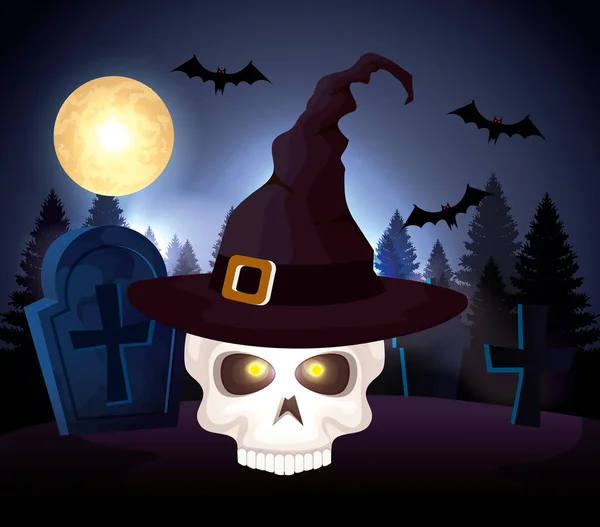 Halloween-Totenkopf mit Huthexe auf Friedhof — Stockvektor