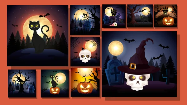 Set cards with halloween scenes — Stock Vector