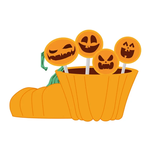 Pot de citrouille halloween avec sucettes sucrées — Image vectorielle