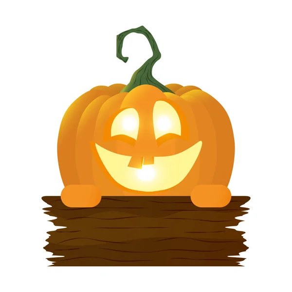 Halloween pumpkin lamp with face and wooden label — Stock Vector