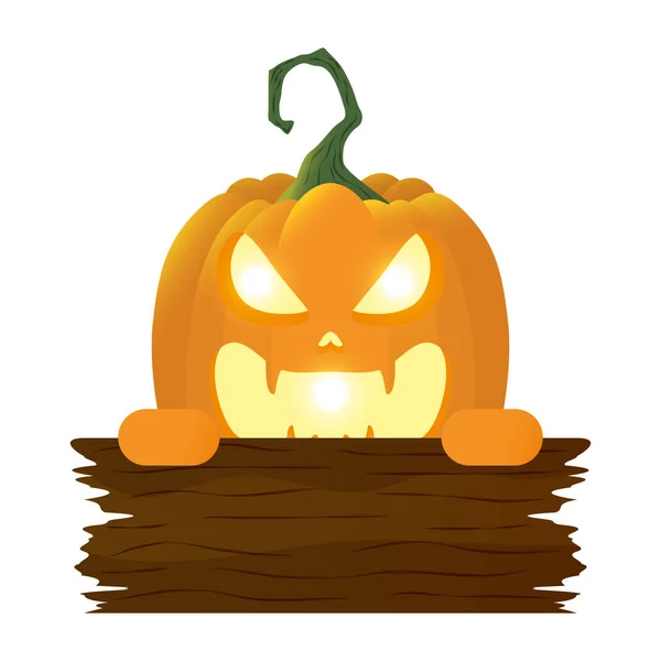 Halloween pompoen lamp met gezicht en houten label — Stockvector