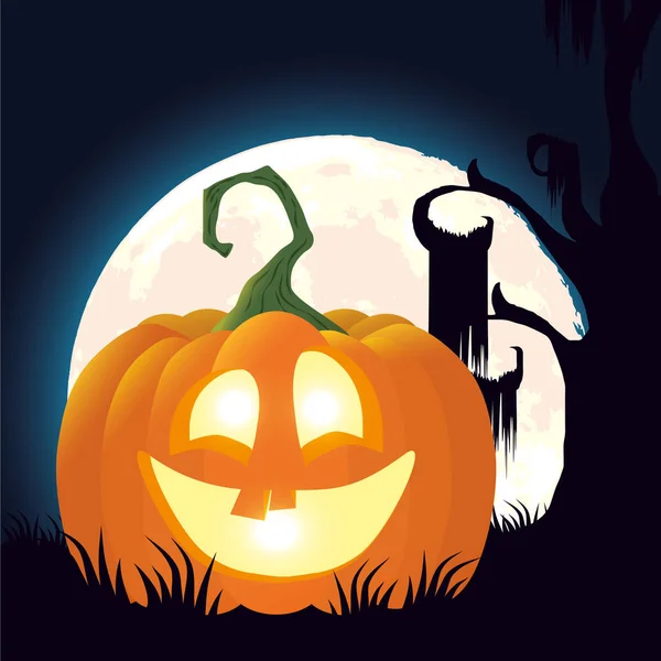 Halloween dark night scene with pumpkin — Stock Vector