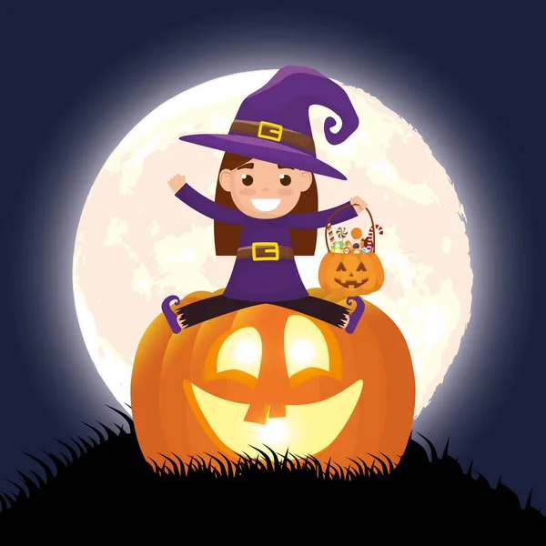 Halloween dunkle Szene mit Kürbis und Kind verkleidete Hexe — Stockvektor