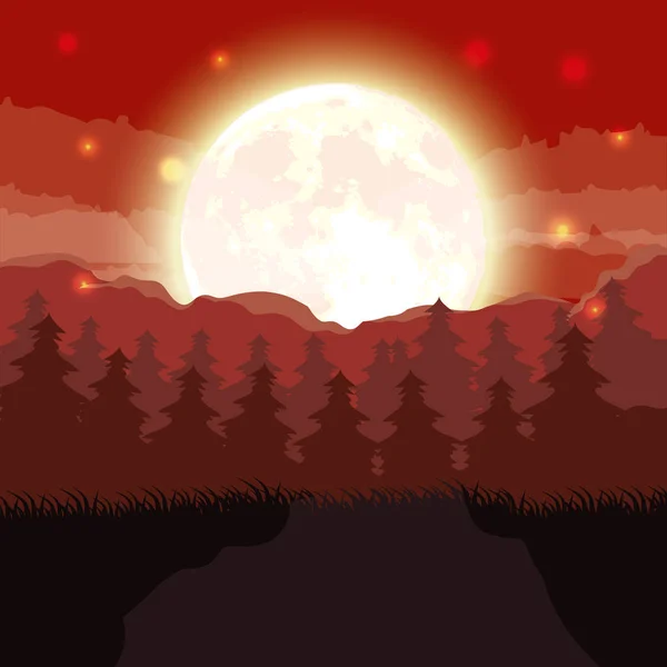 Halloween scena foresta scura con luna piena — Vettoriale Stock