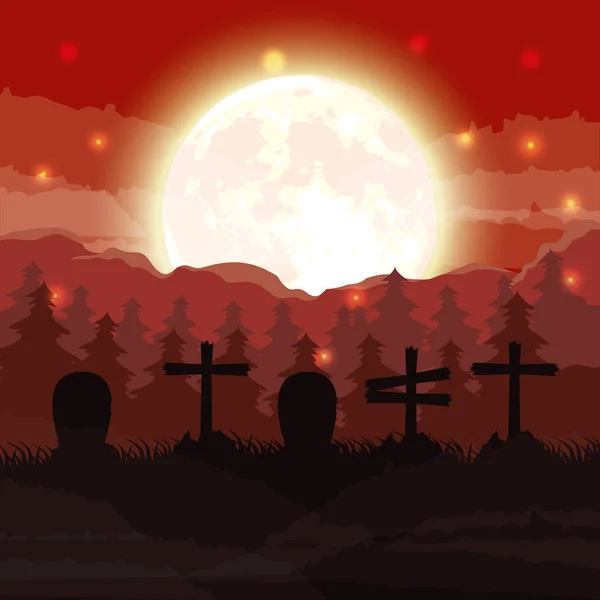 Halloween buio cimitero scena notturna — Vettoriale Stock