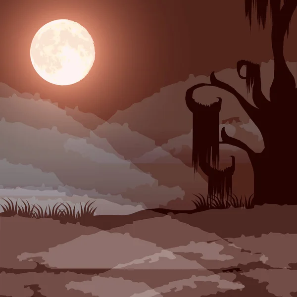Halloween dark forest scene with full moon — Stock Vector
