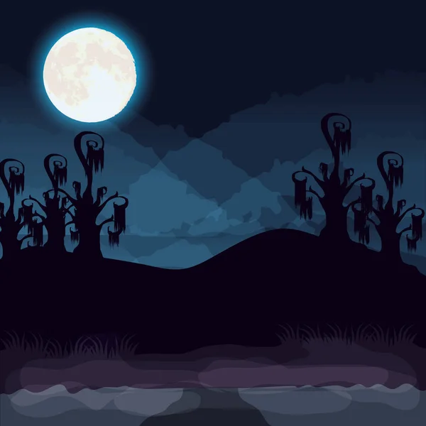 Halloween scena foresta scura con luna piena — Vettoriale Stock