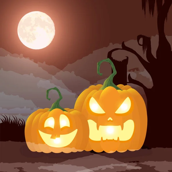 Halloween ciemny noc scena z dynie — Wektor stockowy