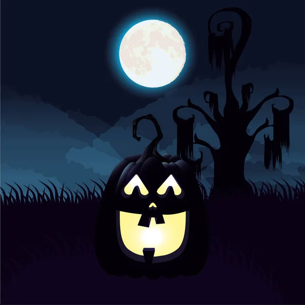 Halloween donkere Nachtscène met pompoen — Stockvector