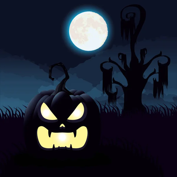 Ночь Хэллоуина сцена с тыквой — стоковый вектор