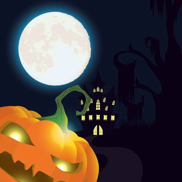 Halloween dark night scene with pumpkin and castle — стоковый вектор