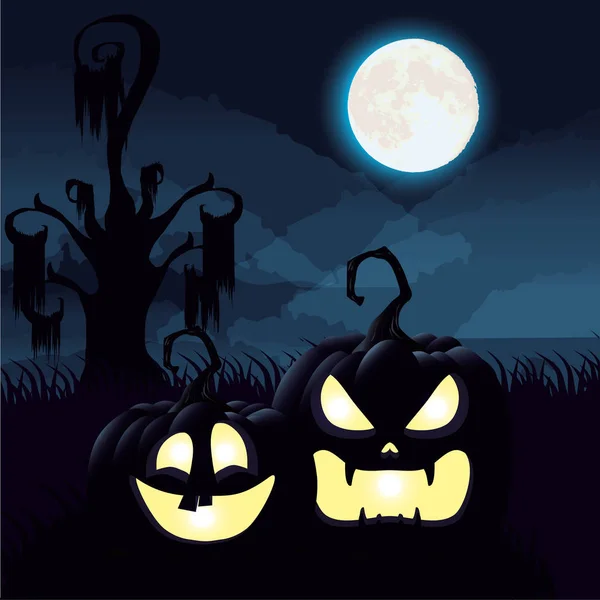Halloween noche oscura escena con calabazas — Archivo Imágenes Vectoriales