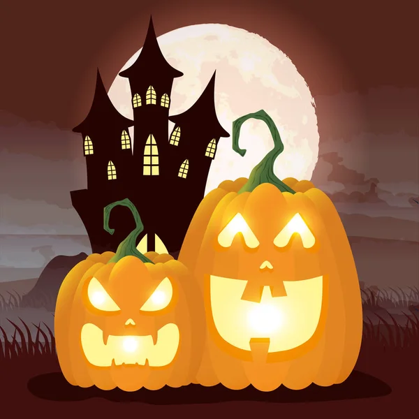 Halloween ciemnej nocy sceny z dyni i zamku — Wektor stockowy