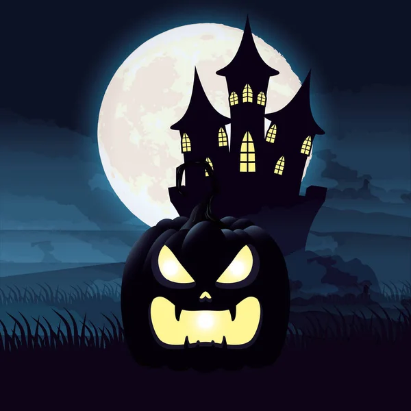 Halloween dark night scene with pumpkin and castle — стоковый вектор