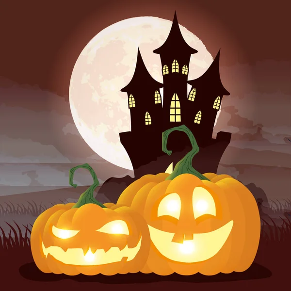 Halloween dark night scene with pumpkins and castle — стоковый вектор