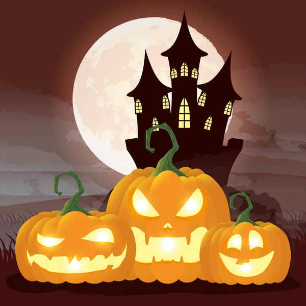 Halloween dark night scene with pumpkins and castle — Stock Vector