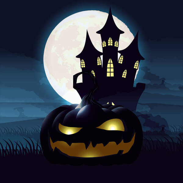halloween dark night scene with pumpkin and castle