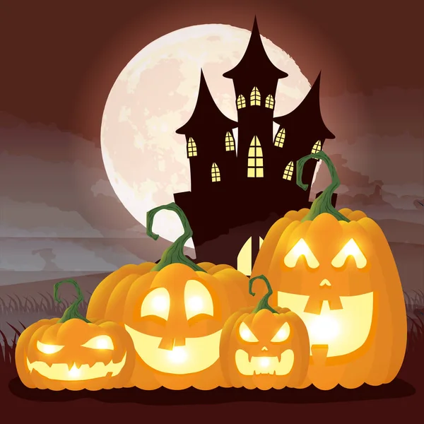 Halloween escena de noche oscura con calabazas y castillo — Vector de stock