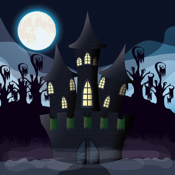 Halloween dark night with castle scene — Stock Vector