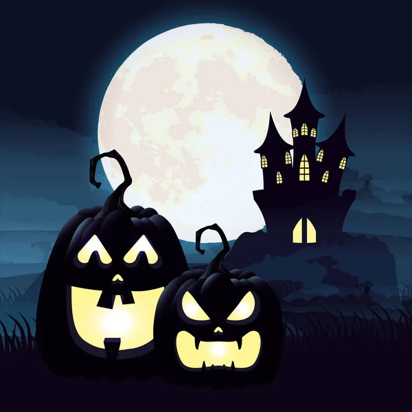 Halloween dark night scene with pumpkins and castle — стоковый вектор