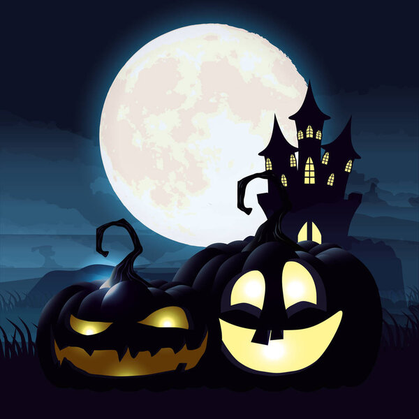 halloween dark night scene with pumpkins and castle