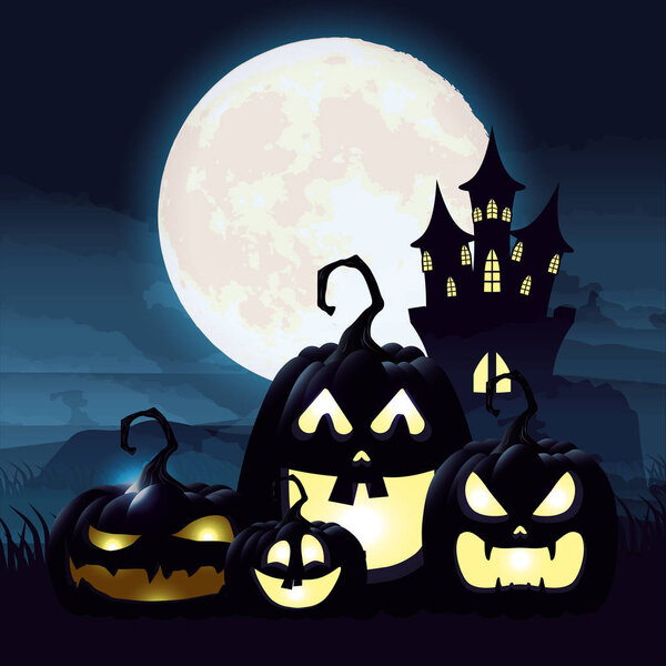 halloween dark night scene with pumpkins and castle