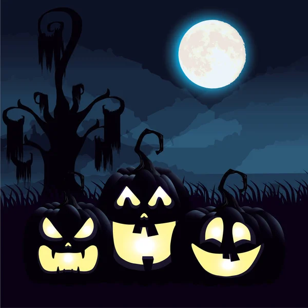 Halloween dark night scene with pumpkins — Stock Vector