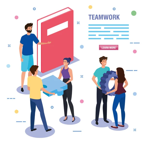 Teamwork people with book and icons — ストックベクタ