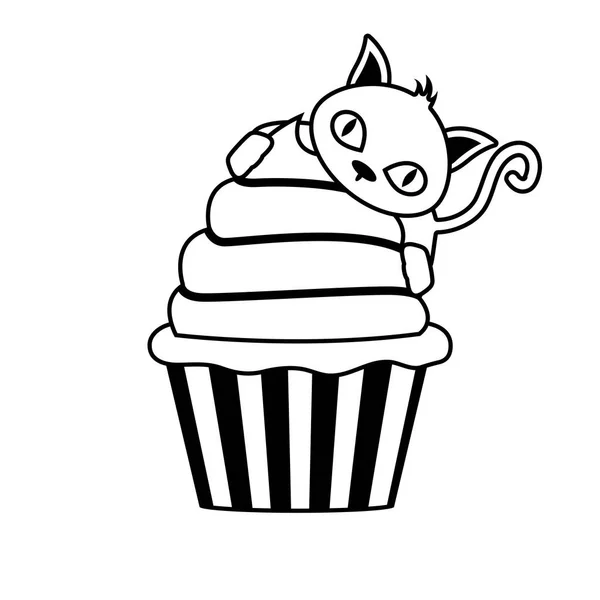 Mascote de gato halloween com cupcake —  Vetores de Stock
