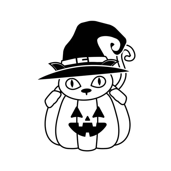 Mascota gato de Halloween con sombrero de bruja y calabaza — Vector de stock