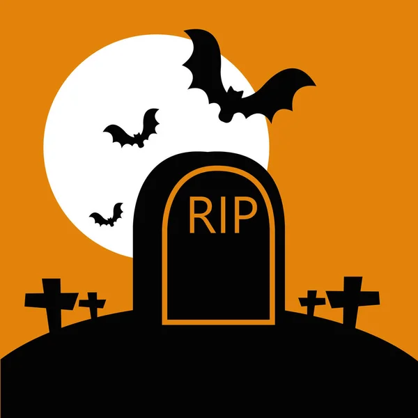 Halloween tomb in cemetery with bats flying — Stock Vector