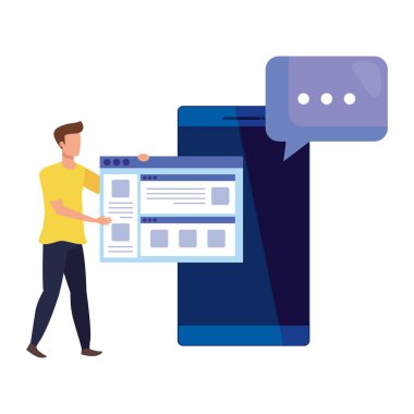 Akıllı telefonu ve web sayfası olan genç bir adam