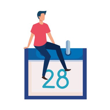 Genç adam takvimde oturuyor.