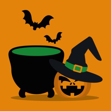 Cadılar bayramı balkabağı şapkalı cadı ve kazan