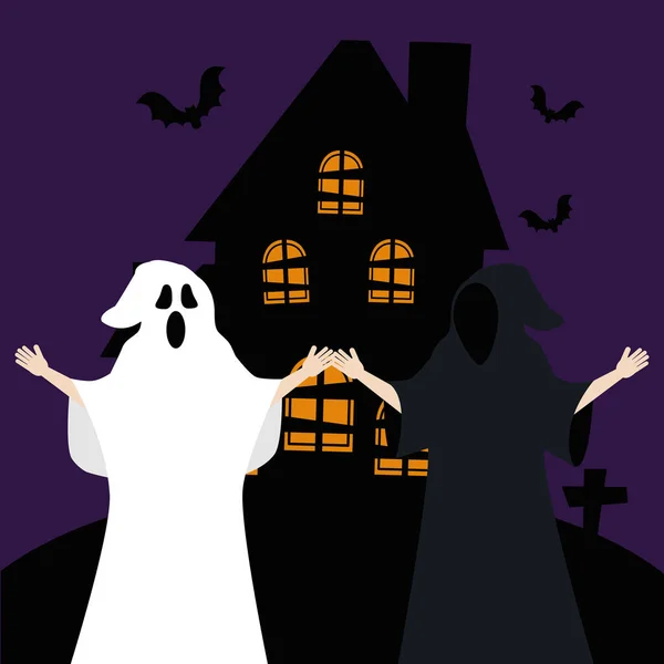 Halloween jóvenes disfrazados de muerte y fantasma — Vector de stock