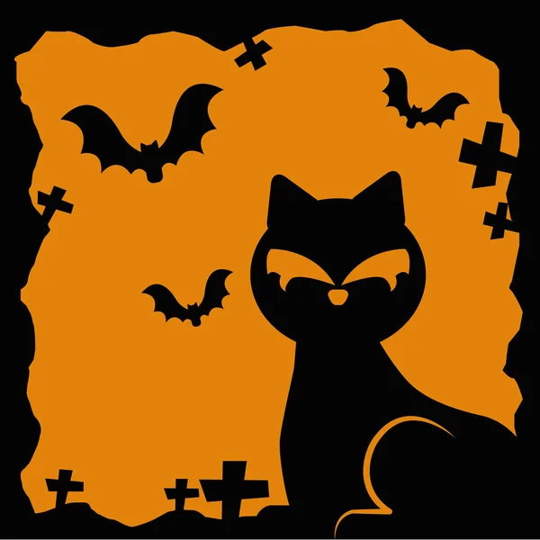 Gatto di Halloween con pipistrelli che volano — Vettoriale Stock