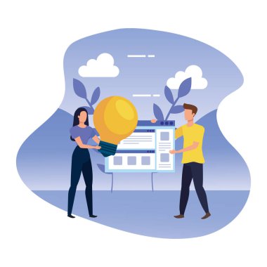 Çevrede web sayfası ve ampulü olan genç çift